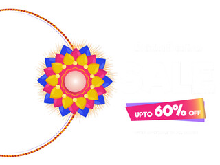 Raksha Bandha Sale poster with beautiful flower rakhi (wristband) on blue and purple gradient background.