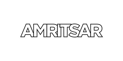Amritsar in the India emblem. The design features a geometric style, vector illustration with bold typography in a modern font. The graphic slogan lettering.