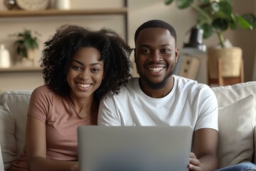 Happy couple using laptop on sofa