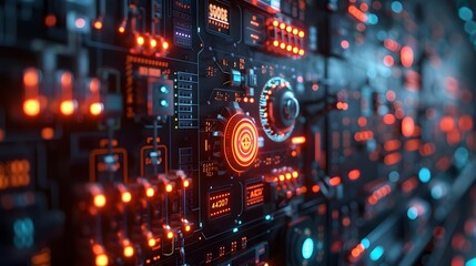 Advanced Circuit Board,Detailed view of an advanced circuit board with red and blue LED lights, showcasing modern electronic technology and intricate design.