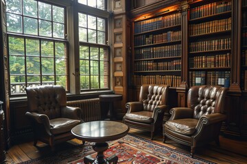 Two chairs, table, bookcase in library