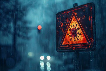 A red warning sign on a pole in the rain