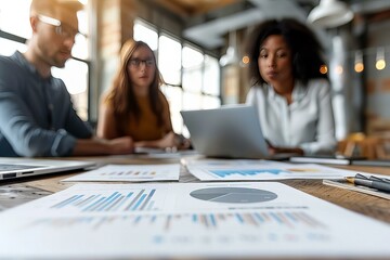 Three people working laptops papers table