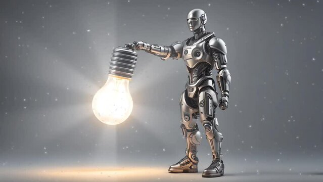 Robot holding a lightbulb. Seamless looping time-lapse 4k video animation background