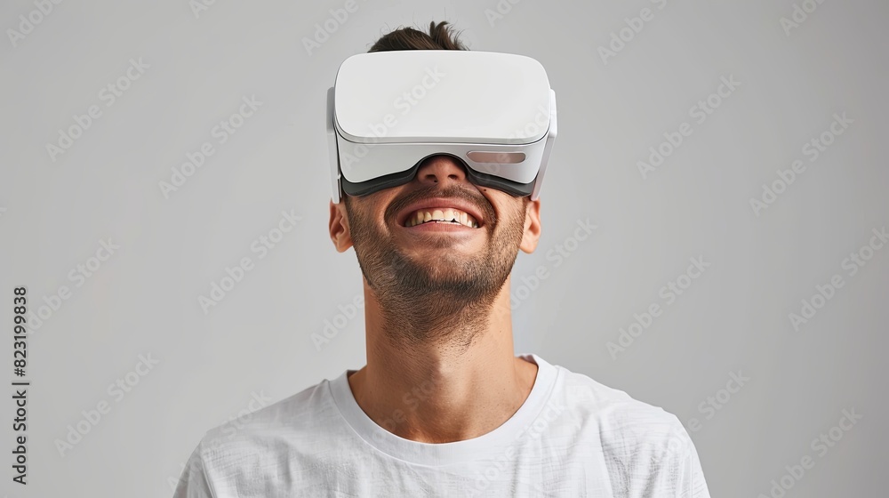 Poster a happy man wearing virtual reality glasses, isolated on a white background, experiencing a world of