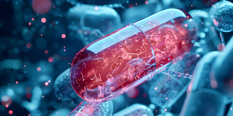 Drug delivery nanocapsules releasing medication in the bloodstream dynamic composition, Visualize a breakthrough in medical science