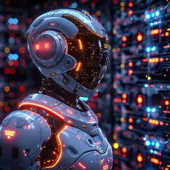 Robot working at computer. Futuristic worker. Humanoid call center. Support job and technologies. Futuristic robot with artificial intelligence or AI. High quality AI generated image