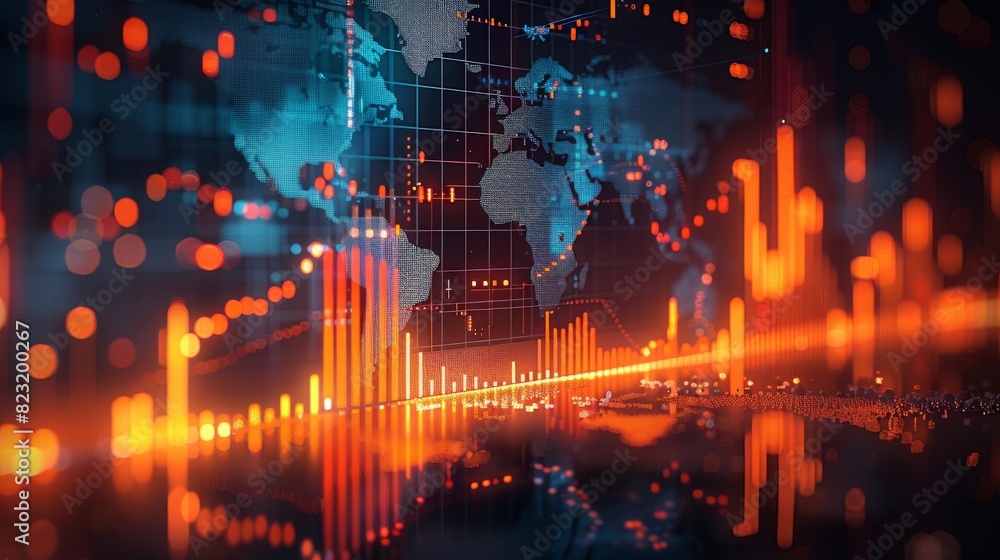 Poster A stock market graph with a world map in a blurred background, using an orange and blue color theme, depicting digital financial charts in the style of business data visualization. Generative AI.