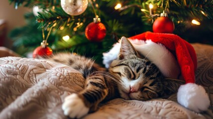 A domestic cat is curled up comfortably under a beautifully decorated Christmas tree. Horizontal banner with copy space
