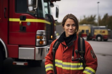 female firefighter in front of fire engine