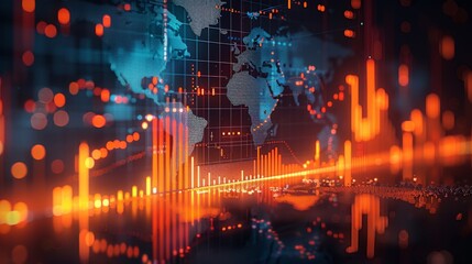 A stock market graph with a world map in a blurred background, using an orange and blue color theme, depicting digital financial charts in the style of business data visualization. Generative AI.