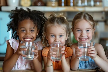 Three little girls holding glasses of water