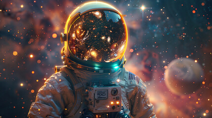 Dreamy spacewalker with a glowing helmet, floating among the stars