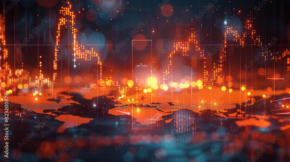 Poster A stock market graph with a world map in a blurred background, using an orange and blue color theme, depicting digital financial charts in the style of business data visualization. Generative AI.