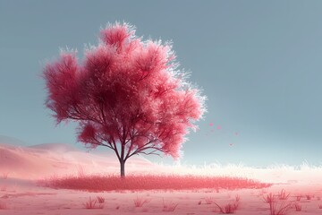 Idyllic Pink Tree in Tranquil Landscape - Serene, Dreamlike Nature Scene for Poster and Print Design