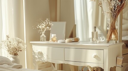 A bottle of perfume stands on a white dressing table with a mirror in the bedroom in beige shades. Generative AI.