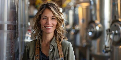 Friendly brewery guide leads tours through stainless steel fermentation tanks smiling. Concept Brewery Tours, Fermentation Tanks, Smiling Guide, Craft Beer, Fun Atmosphere