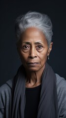 Silver background sad black american independant powerful Woman realistic person portrait of older mid aged person beautiful bad mood 