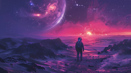 Fototapeta premium Futuristic astronaut walking on a distant planet, with a purple sky full of stars