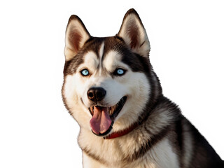 Funny and playful husky or pet dog is playing and jumping and looks happy isolated on transparent background. Little husky dog pretending. Cute and happy crazy dog ​​head smiling on transparent png