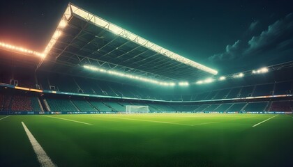 soccer stadium with illumination, green grass and night sky.
