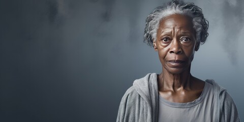 Silver background sad black american independant powerful Woman realistic person portrait of older...