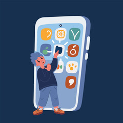 Cartoon vector illustration of little kid use smartphone for communication over dark background