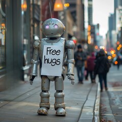 Robot offering free hugs on the street.