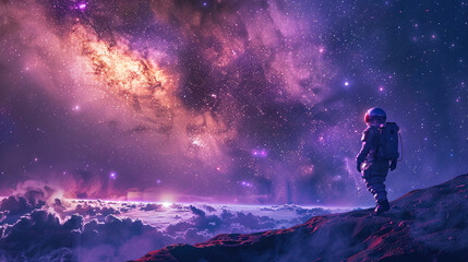 Obraz premium Futuristic astronaut walking on a distant planet, with a purple sky full of stars