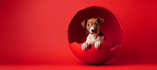 A small dog is inside of a red egg. The dog is looking out of the egg and he is curious. dog in...