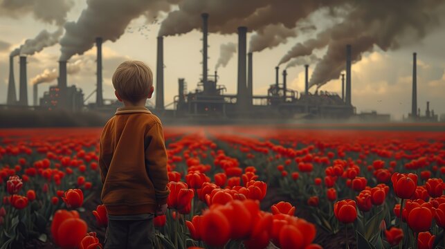 A Boy in a Tulip Plantation Observing Factories Polluting the Environment.