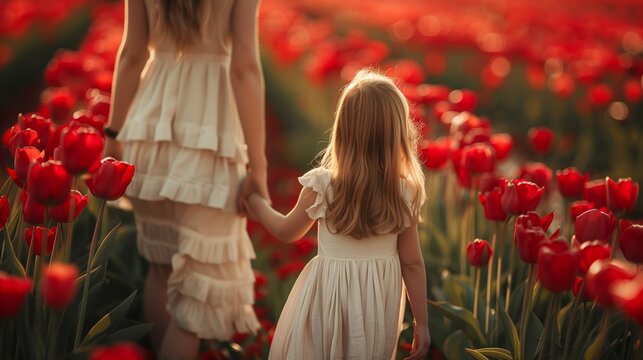 Mother and girl walking in the tulip plantation.