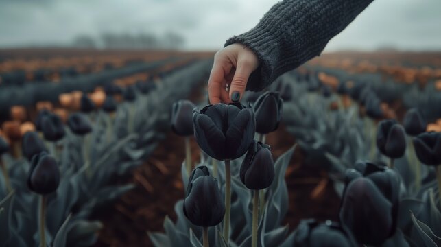 Hand touching black tulips.