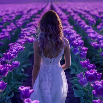 Woman in a plantation of purple tulips.