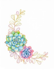 Sweet succulent flower arrangement frame arrangement ,element for invitation card decoration ;isolated ,white background 