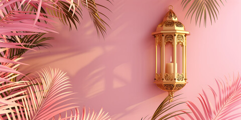 A pink wall with palm trees in a pink pot, Pink gradient studio background with window shadows and foliage