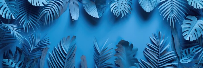 Abstract Tropical Leaves on a Blue Background