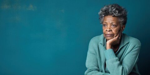 Teal background sad black american independant powerful Woman realistic person portrait of older...