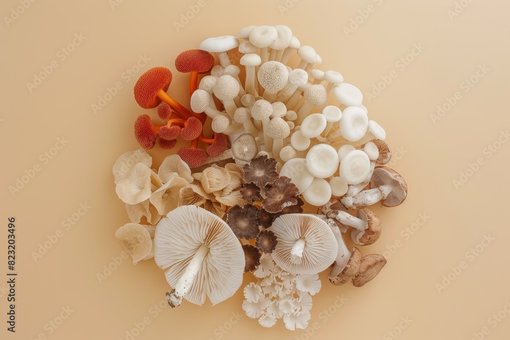 Poster image of various types of mushrooms on a plain background.