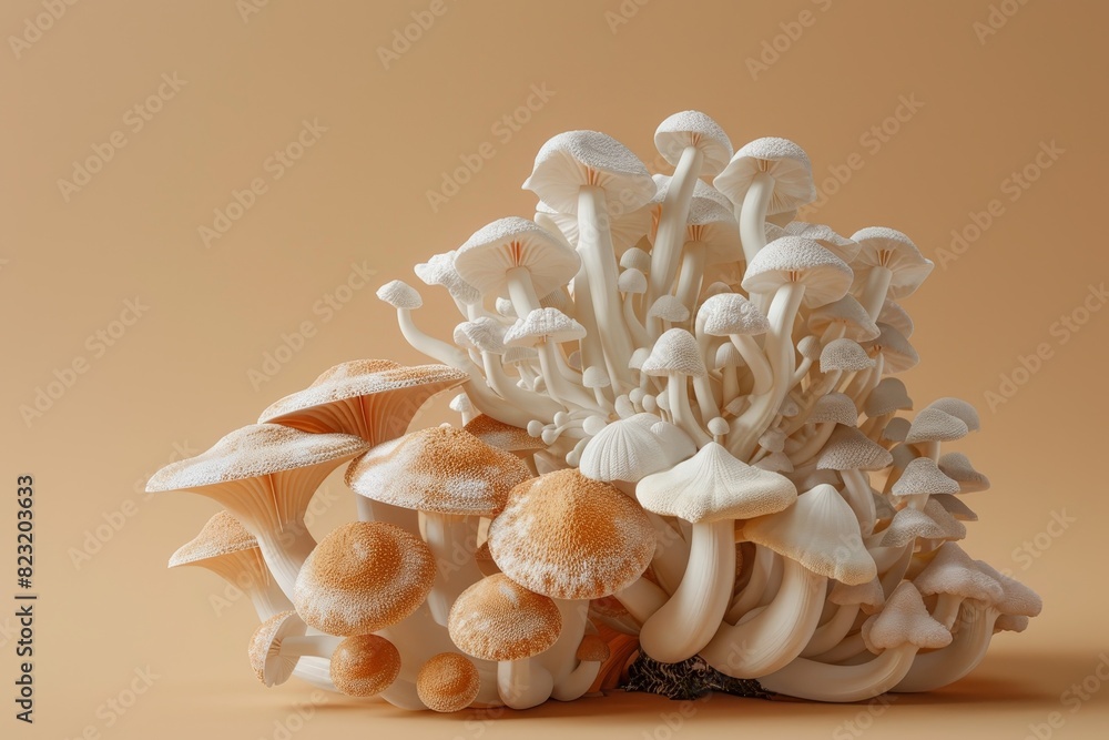 Poster image of various types of mushrooms on a plain background.