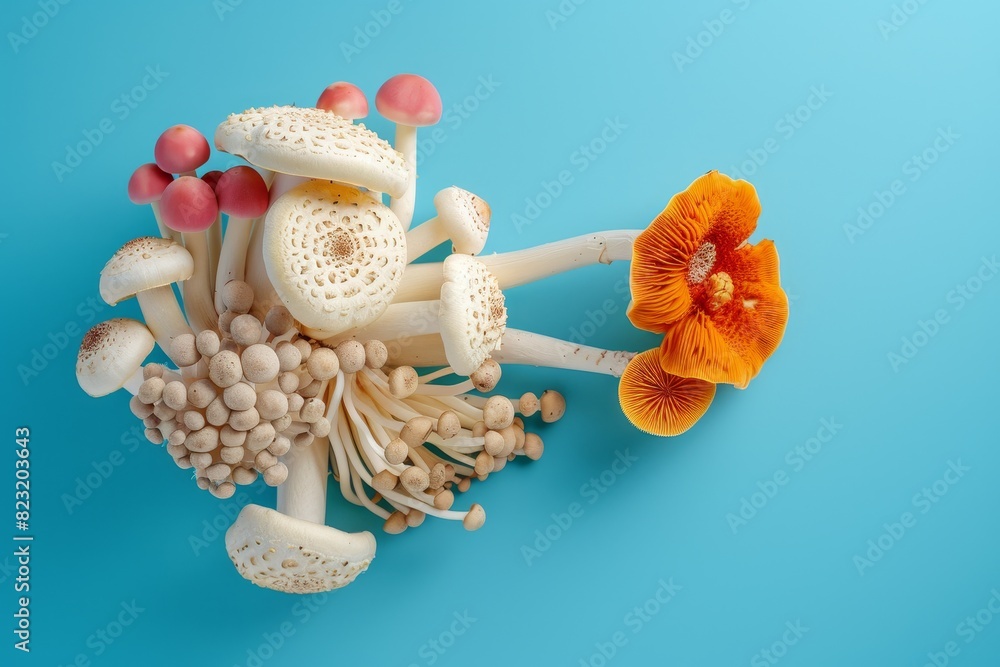 Poster image of various types of mushrooms on a plain background.