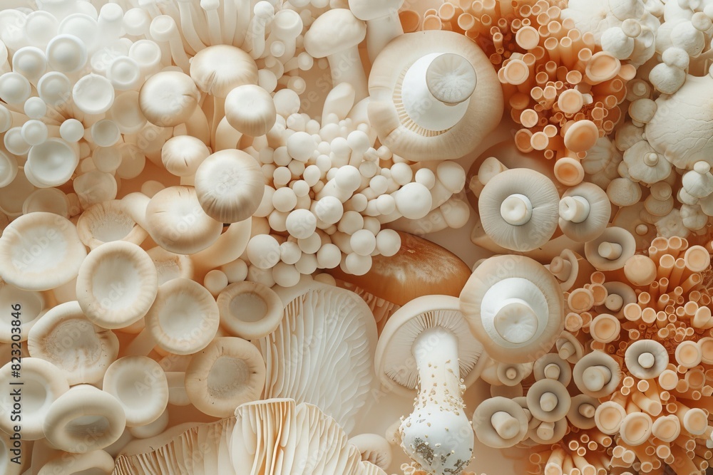 Poster image of various types of mushrooms on a plain background.