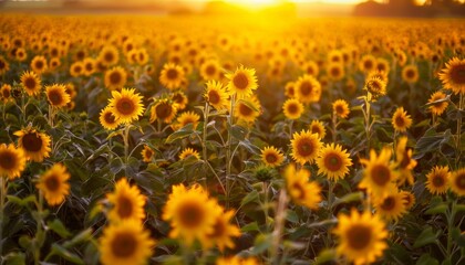 Sea of bright yellow sunflowers stretching to the horizon under the warm summer sun.