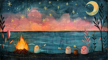 Wallpaper Illustration, Cute Beach Bonfire on Black Sand: A cozy drawing of a beach bonfire on black sand, with cute characters roasting marshmallows under a pink and starry sky. Illustration image,
