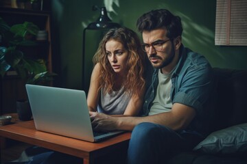 Girlfriend and her boyfriend watching something on a laptop computer and sitting on the floor in the living room