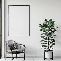 White wall in a minimalist gallery setting holds a centered medium-sized blank poster.
