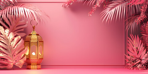 Pink Dreamscape A Gradient Studio Background for Product Presentation with Window Shadows Flowers, Pink Tropical Vern on Wall Background