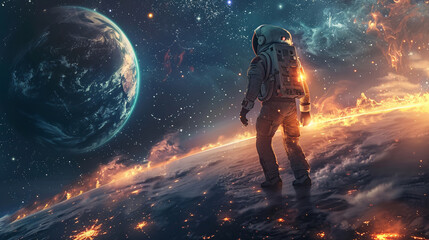 Fototapeta premium Futuristic cosmonaut walking on a distant planet, with glowing stars and planets
