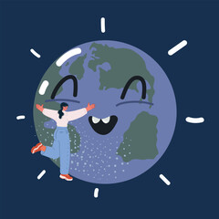 Obraz premium Cartoon vector illustration of Earth Day.Girl holding in hung Earth globe over dark background