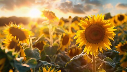 The image shows a field of sunflowers, with the sun setting in the background